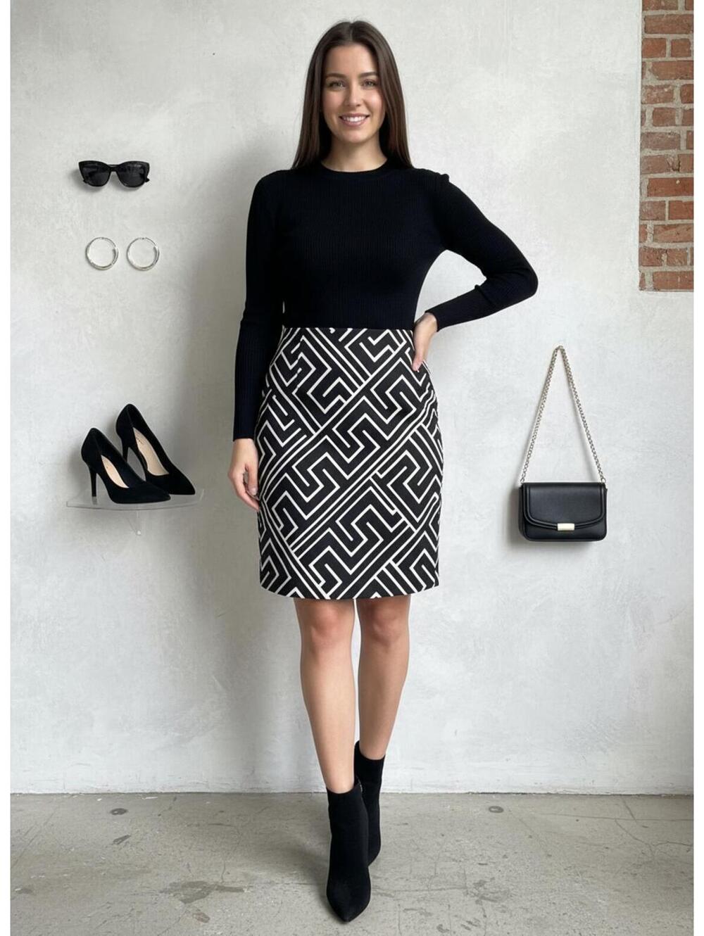 White House Black Market Skirt Womens Size 0 Black White Pencil Stretch Lined